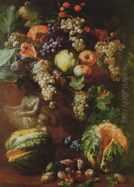 Still Life Of Grapes, Pomegranates, Apples, Plums, Figs And Melons On A Ledge Carved With A Bas-relief Oil Painting by Michelangelo di Campidoglio