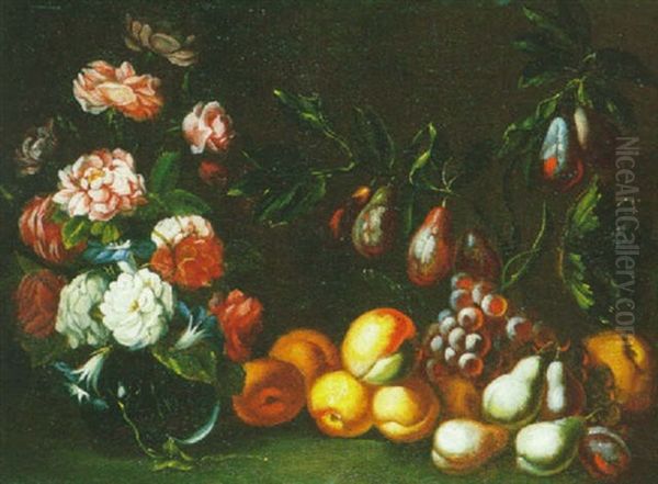 Nature Morte Aux Peches, Prunes, Raisins Et Bouquet De Fleurs Sur Un Entablement Oil Painting by Michelangelo di Campidoglio