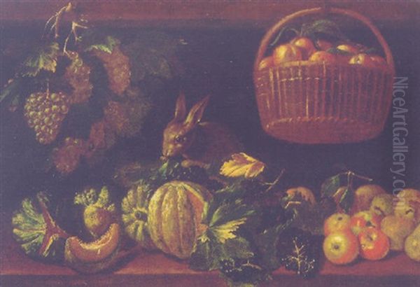 Pears, Apples, Grapes And Other Fruit With A Rabbit On A Ledge, Apples In A Basket And A Bunch Of Grapes Hanging From Nails Above Oil Painting by Michelangelo di Campidoglio