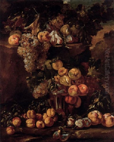 Grapes, Apples, Plums And Figs In A Glass Bowl With Other Fruit On A Ledge In A Landscape Oil Painting by Michelangelo di Campidoglio