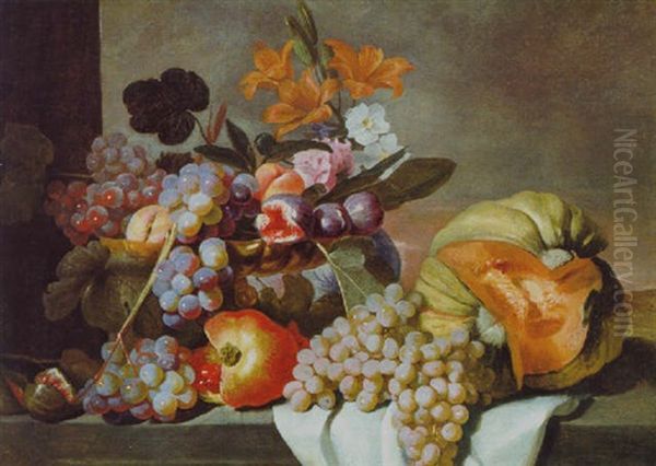 Stilleben Mit Weintrauben, Einer Melone Und Anderen Fruchten Und Blumen Oil Painting by Michelangelo di Campidoglio