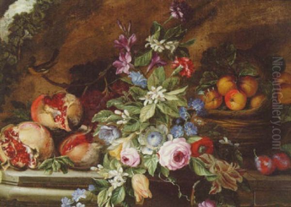 Pomegranates, Plums, Grapes, A Basket Of Peaches And A Bunch Of Flowers On A Stone Ledge Oil Painting by Michelangelo di Campidoglio