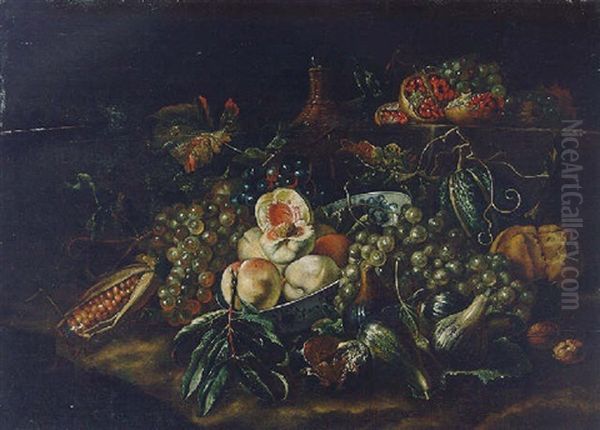 Peaches In A Blue And White Dish With Grapes, Figs, Pomegranates, Walnuts, Sweetcorn And A Carafe Oil Painting by Michelangelo di Campidoglio