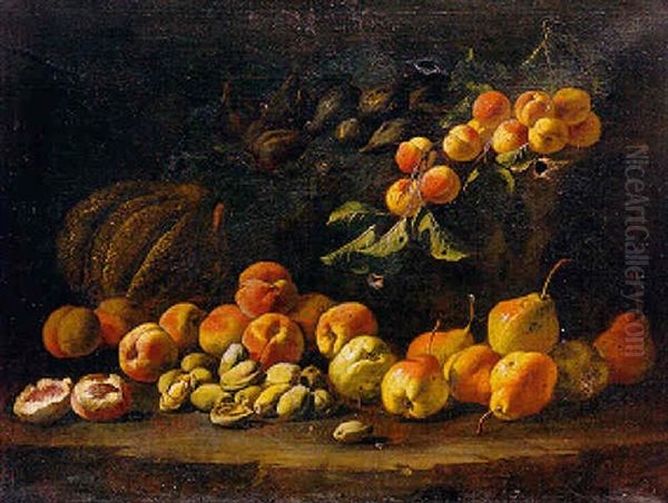 A Melon, Peaches, Almonds, Figs And Other Fruit In A Landscape Oil Painting by Michelangelo di Campidoglio