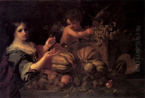 Still Life Of Various Fruits With A Lady And A Putto Oil Painting by Michelangelo di Campidoglio