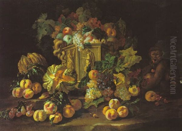 Still Life Of Grapes, Plums, Melons And Peaches With A Monkey Oil Painting by Michelangelo di Campidoglio