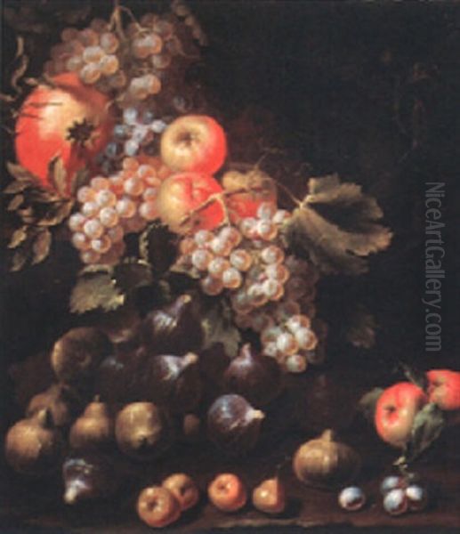 Still Life Of Grapes, Apples, Figs And Other Fruits On A Stone Ledge Oil Painting by Michelangelo di Campidoglio