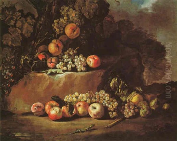 Still Life Of Grapes, Apples, Figs And A Lizard In A Landscape Oil Painting by Michelangelo di Campidoglio