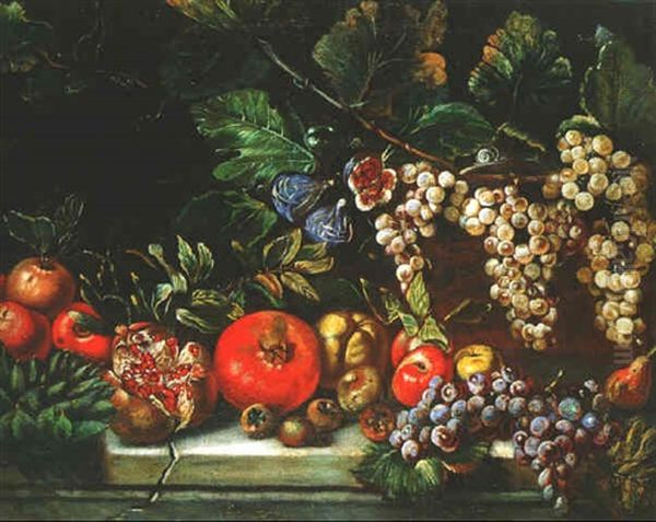 Nature Morte Aux Raisins, Grenades Et Figues Sur Un Entablement Oil Painting by Michelangelo di Campidoglio