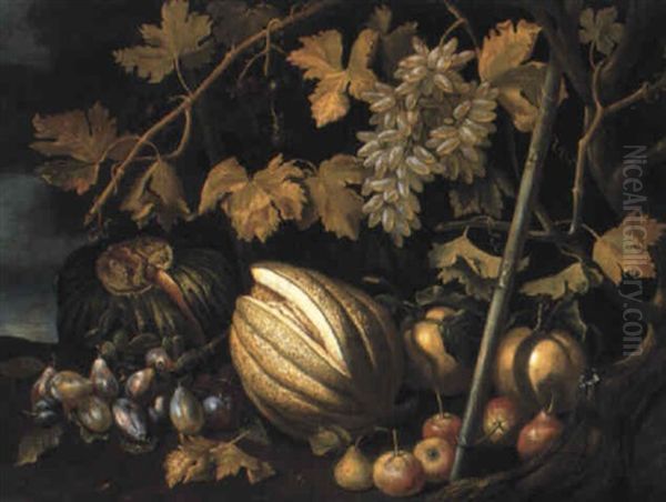 Melons And Other Fruit On A Bank Beneath Grape Vines Oil Painting by Michelangelo di Campidoglio