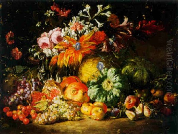 Still Life Of Melons, Pomegranates, Grapes, Pears, Plums And Other Fruit With Flowers And A Sculpted Urn Oil Painting by Michelangelo di Campidoglio