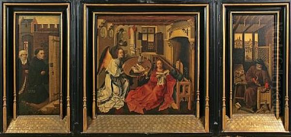 The Merode Altarpiece: The Annunciation With St. Joseph And Donors (triptych) Oil Painting by Robert Campin