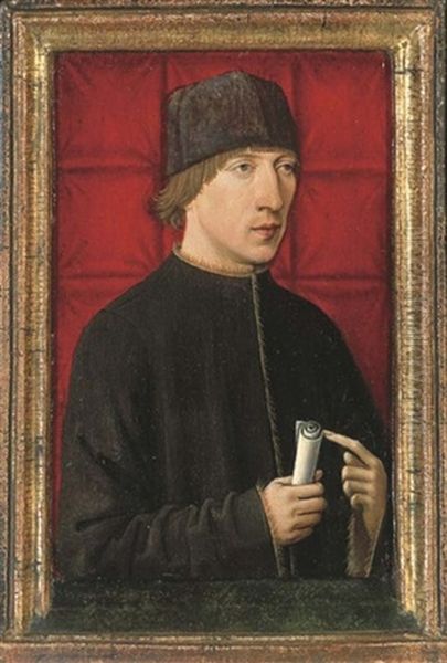 Portrait Of A Man, Half-length, In A Black Coat With Gold Trim And A Cap, Before A Red Cloth Oil Painting by Robert Campin