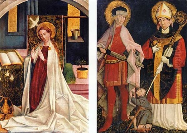 Saint Nicolas And Saint Martin (+ The Annunciation; Pair) Oil Painting by Robert Campin