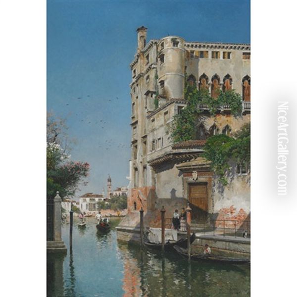 A Sunlit Venetian Backwater With Gondaliers Oil Painting by Federico del Campo