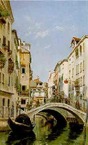 Figures Crossing A Bridge Over A Venetian Canal Oil Painting by Federico del Campo