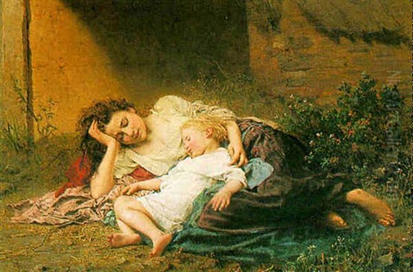 Mother And Sleeping Child Oil Painting by Henry Campotosto