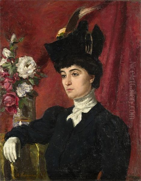 Ritratto Di Signora Con Cappello Oil Painting by Alceste Campriani