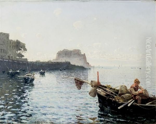 Pescatori Nel Golfo Di Napoli - Naples Gulf With Fishermen Oil Painting by Alceste Campriani