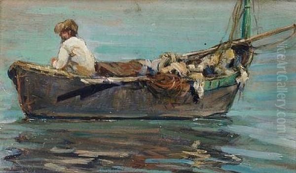 Barca (+ Barca Con Pescatore; Pair) Oil Painting by Alceste Campriani