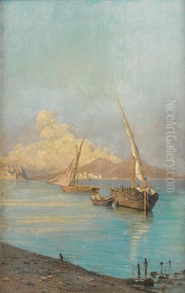 Naples From Mergellina Oil Painting by Alceste Campriani