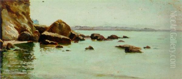 A Rocky Neapolitan Cove Oil Painting by Alceste Campriani