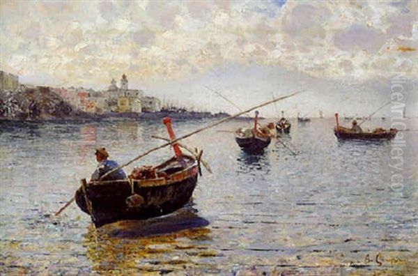 Fishing At Low Tide Oil Painting by Alceste Campriani