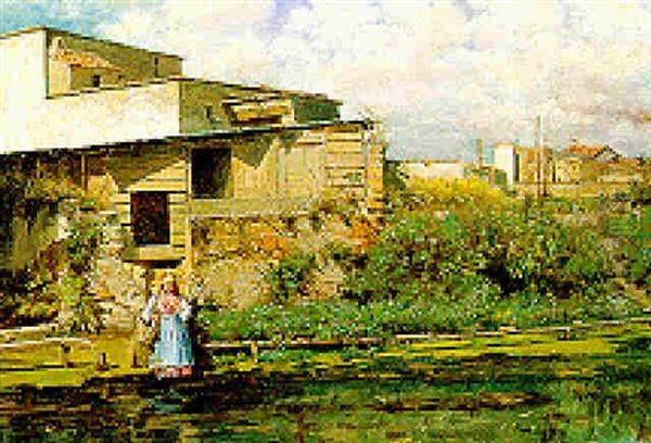 Contadinella Sulla Riva Del Torrente Oil Painting by Alceste Campriani