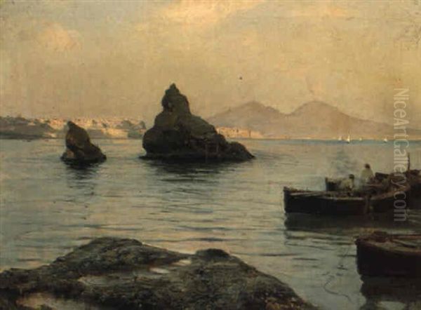 Veduta Del Golfo Di Napoli Col Vesuvio E Barche Di Pescatori Oil Painting by Alceste Campriani