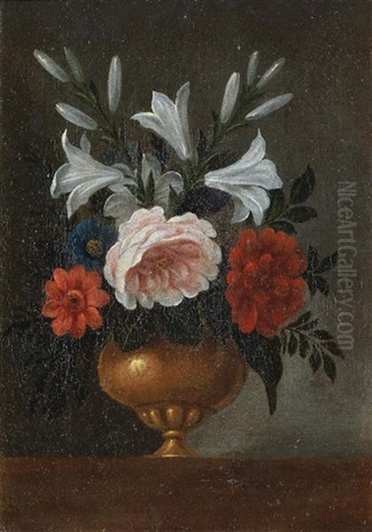 Lilies, Peonies, A Rose And Other Flowers In A Gilt Vase On A Table-top Oil Painting by Pedro de Camprobin