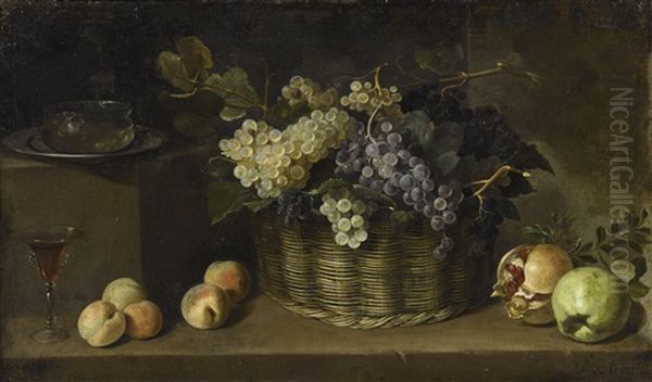 Still Life With A Basket Of Grapes, Peaches, An Apple, A Pomegranate, And Tableware Oil Painting by Pedro de Camprobin