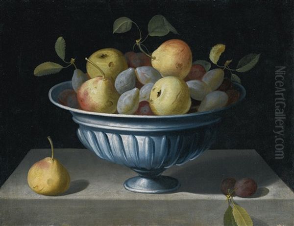 Still Life With Pears And Plums In A Vase, On A Stone Ledge by Pedro de Camprobin