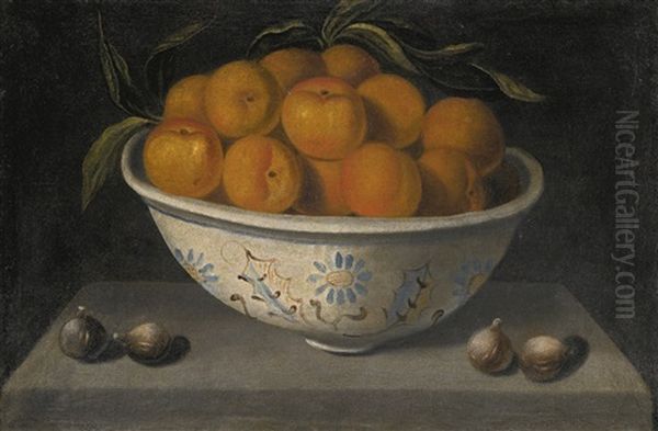 Still Life With Oranges In A Bowl With Figs, On A Stone Ledge Oil Painting by Pedro de Camprobin