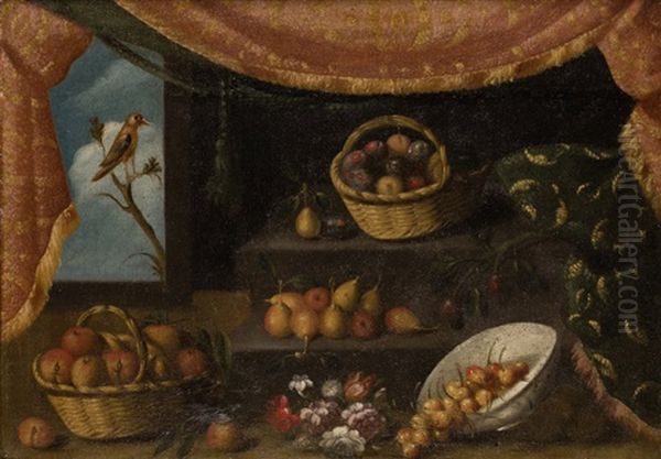 Bodegon De Peras, Ciruelas, Melocotones Y Flores, Al Fondo Una Ventana Abierta Con Jilguero Y Cortinaje Oil Painting by Pedro de Camprobin