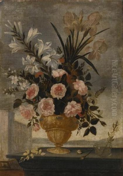 Still Life Of Iris, Lilies, Roses And Carnations In Elaborate Urn, With A Blue And White Cup And A Small Glass Vase, Landscapes Beyond (pair) Oil Painting by Pedro de Camprobin