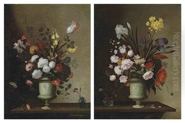 Roses, Carnations, A Tulip And Other Flowers In A Sculpted Alabaster Urn, With A Carnation In A Glass Vase... (+ Roses, Lilies, Iris And Other...; Pair) Oil Painting by Pedro de Camprobin