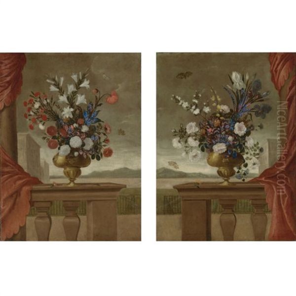 Still Lifes Of Lilies, Roses, Irises, Morning Glory And Carnations, Arranged In Gilt Vases, Upon A Stone Balustrade Draped With A Red Curtain, Surrounded By Butterflies, With A View Overlooking The Grounds Of A Palace (pair) Oil Painting by Pedro de Camprobin