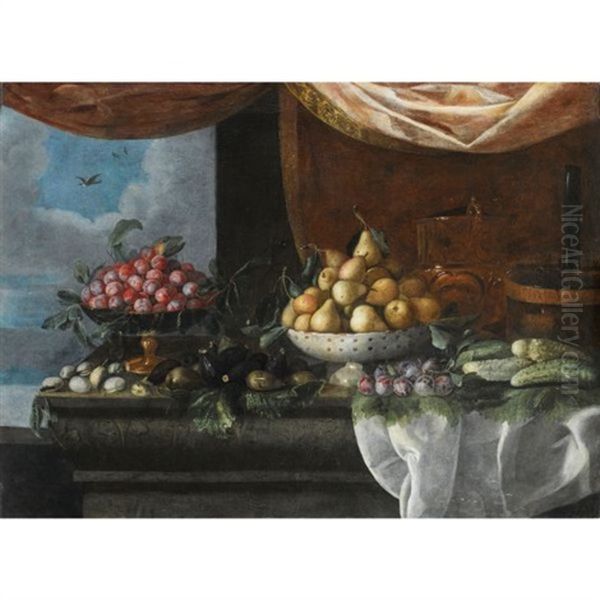 Nature Morte Au Plat De Prunes, Poires, Bouteille Et Rafraichissoir Sur Un Entablement Oil Painting by Pedro de Camprobin