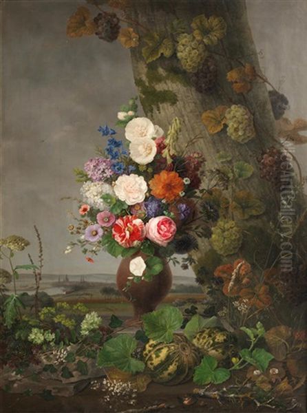 A Still Life Of Flowers In A Landscape With A Town In The Distance Oil Painting by Johannes Ludwig Camradt