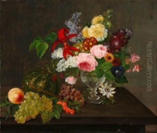 Still Life With Summer Flowers In A Vase And Grapes, Melon, Peach And Gooseberries On A Table Oil Painting by Johannes Ludwig Camradt