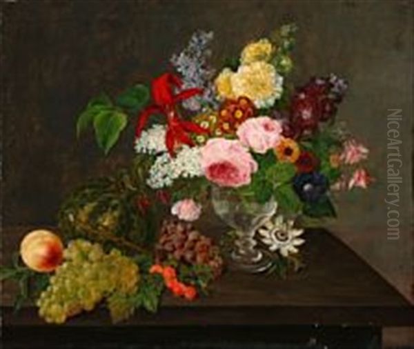 Still Life With Summer Flowers In A Vase And Grapes, Melon, Peach And Gooseberries On A Table Oil Painting by Johannes Ludwig Camradt