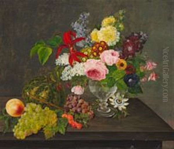 Still Life With Summer Flowers In A Vase And Grapes, Melon, Peach And Gooseberries On A Table Oil Painting by Johannes Ludwig Camradt