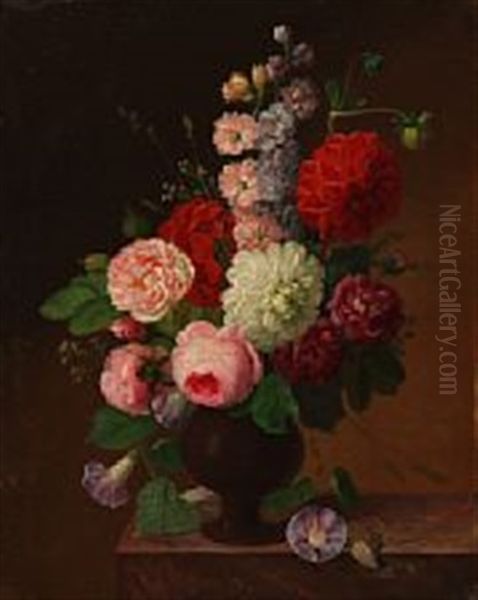 Bouquet Of Roses, Dahlias, Matthiolas And Bindweed In A Vase On A Sill Oil Painting by Johannes Ludwig Camradt