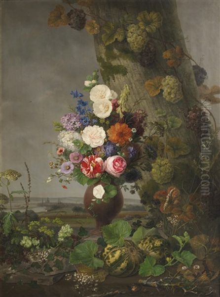 A Still Life Of Flowers In A Landscape, A Town In The Distance Oil Painting by Johannes Ludwig Camradt