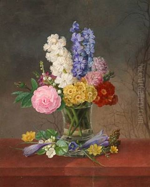 A Vase With Roses, Lilies Of The Valley, Hyacinths, Crocuses And Buttercups And Other Flowers Oil Painting by Johannes Ludwig Camradt