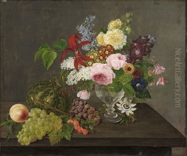 Opstilling Med Bla. Lyserode Roser, Gule Stokroser, Hyacinter, Syrener, Snerle, Passionsblomst Og Primula, I Glasvase Pa Bord Med Vindruer, Ferskner Og Melon Oil Painting by Johannes Ludwig Camradt