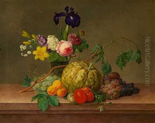 Opstilling Med Blomster Og Frugter Pa En Stenkarm Oil Painting by Johannes Ludwig Camradt