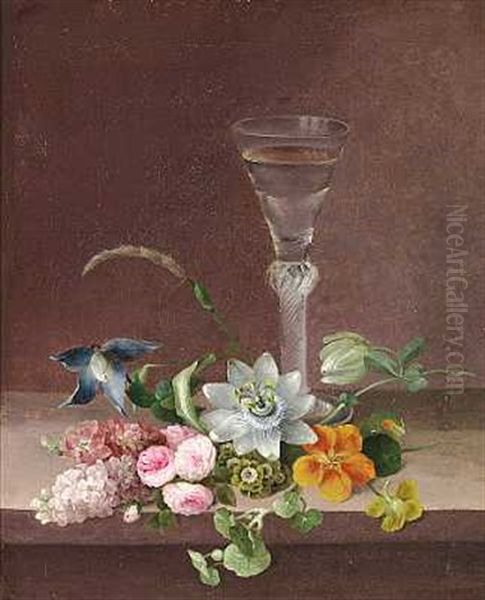 Sommerblomster Og Et Glas Pa En Karm Oil Painting by Johannes Ludwig Camradt