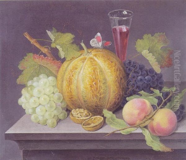 Opstilling Med Vindruer, Melon, Ferskner, Valnod, Vinglas Og Sommerfugl Oil Painting by Johannes Ludwig Camradt