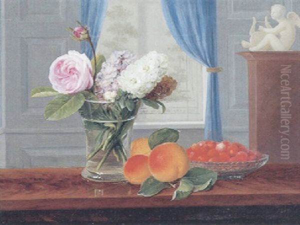 Interior Med Rose Og Levkojer I En Vase Pa Et Bord, Hvorpa Jordbaer I En Skal Og Ferskengren Oil Painting by Johannes Ludwig Camradt